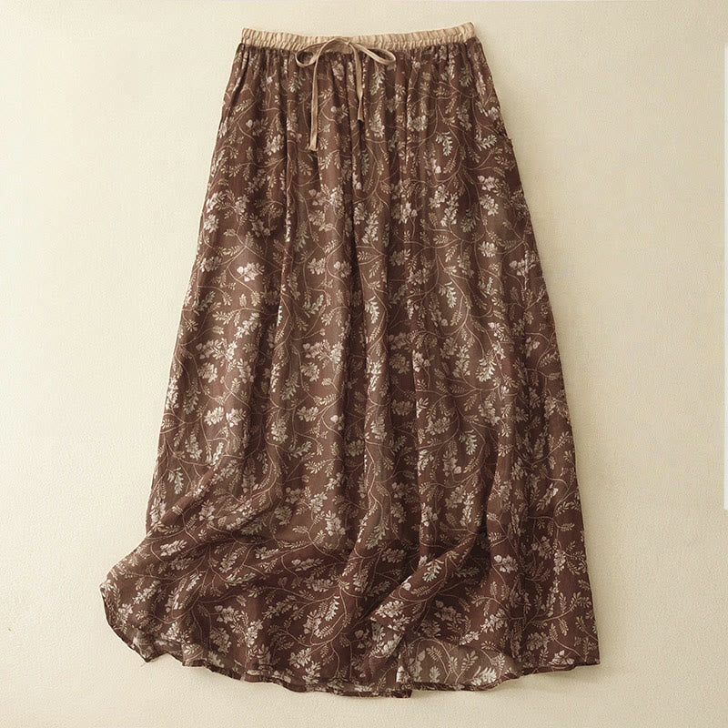 Buddha Stones Floral A-line Elastic Waist Cotton Linen Women's Skirt With Pockets