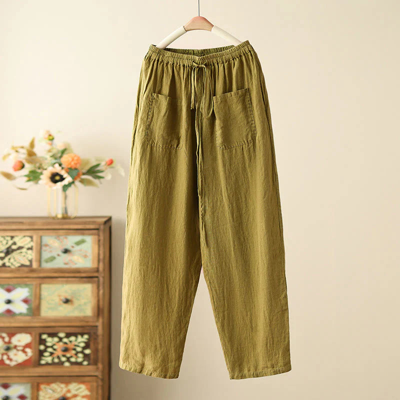 Buddha Stones Casual Plain Wrinkles Design Drawstring 9 Length Cotton Linen Women's Wide Leg Pants With Pockets