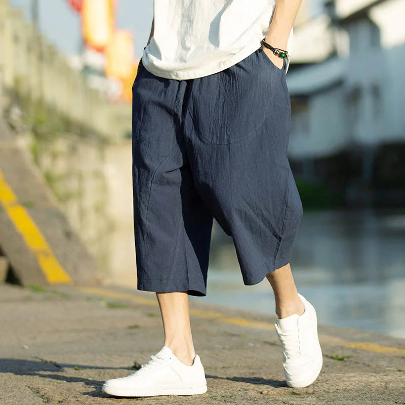 Buddha Stones Summer Plain Pleat Design Drawstring Men's 7-8 Length Cotton Linen Pants With Pockets