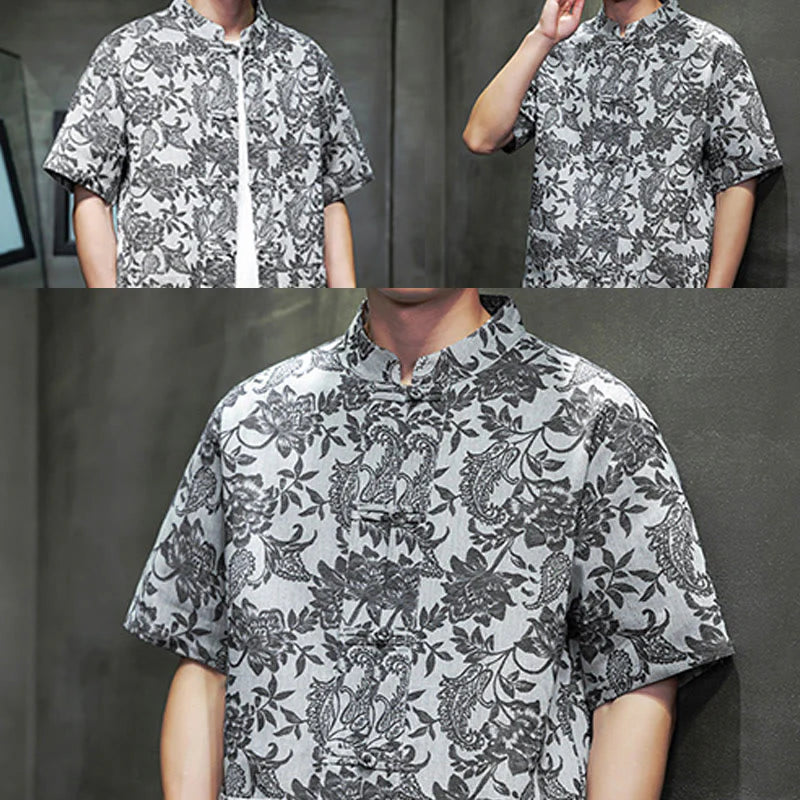 Buddha Stones Casual Jacquard Paisley Flower Plant Pattern Frog-Button Design Men's Cotton Shirt Cardigan With Pockets