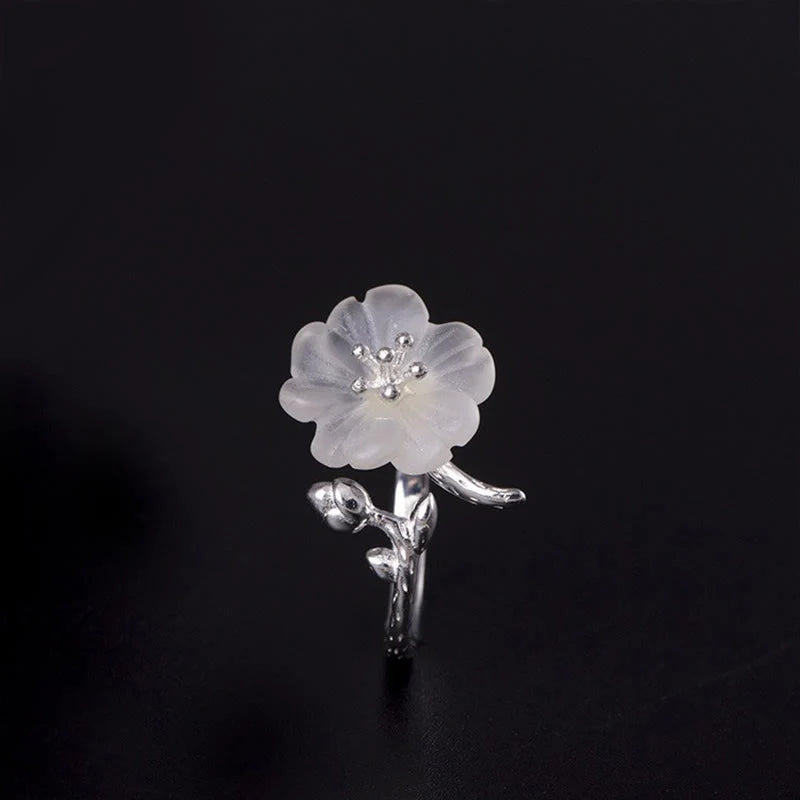 Buddha Stones Natural White Crystal Flower 925 Sterling Silver Adjustable Healing Ring