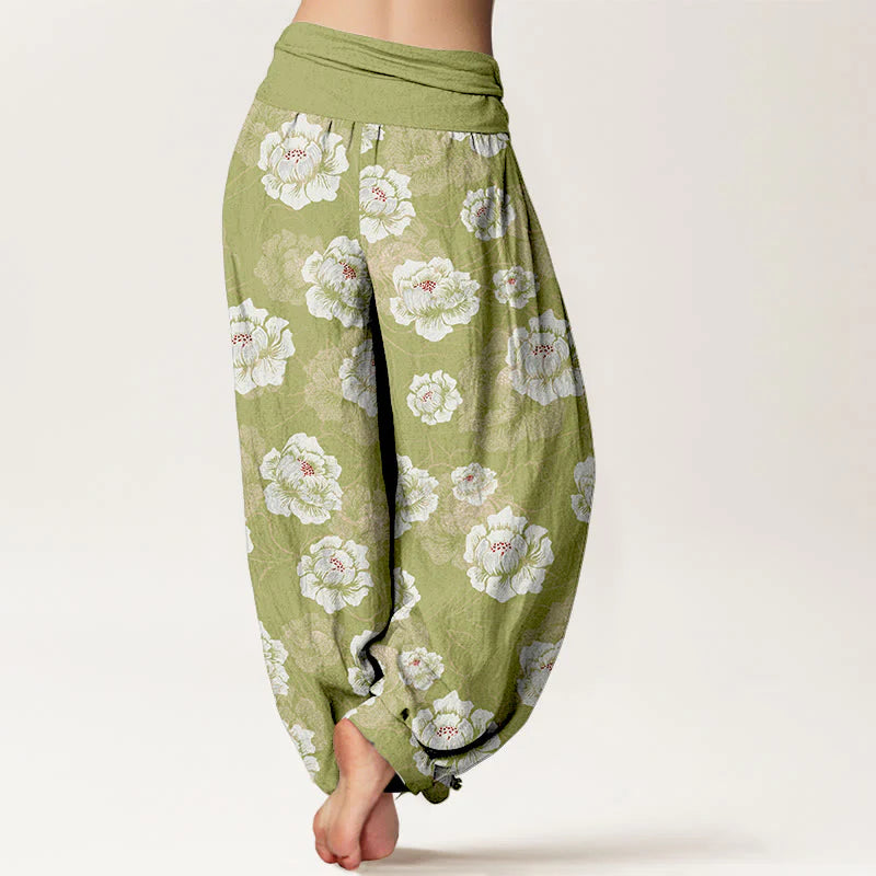 Buddha Stones Cotton Elegant White Flowers Pattern Women's Elastic Waist Harem Pants