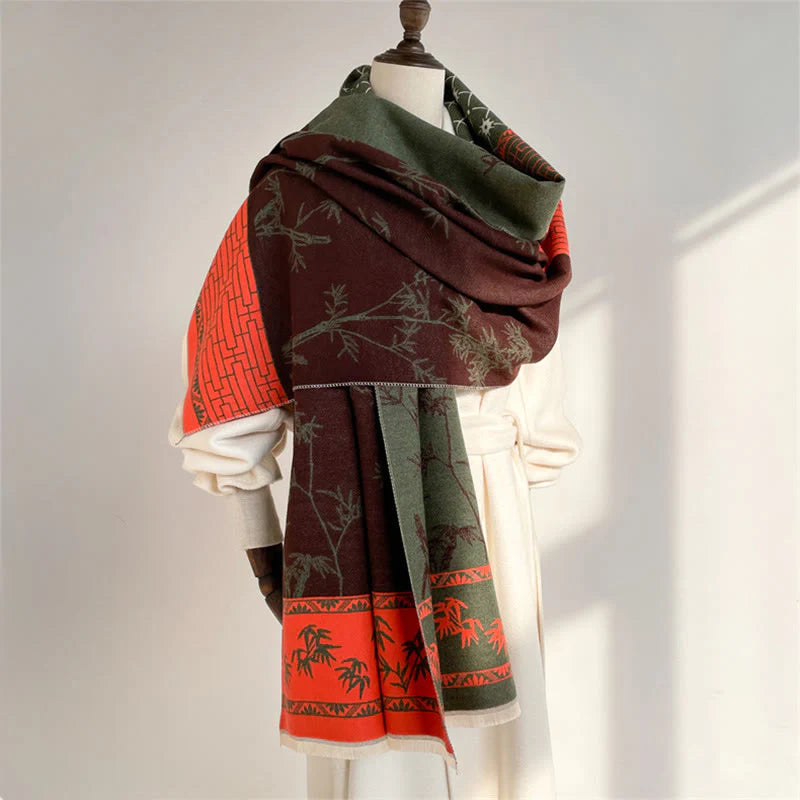 Buddha Stones Winter Bamboo Leaf Little Bird Pattern Cozy Scarf Shawl