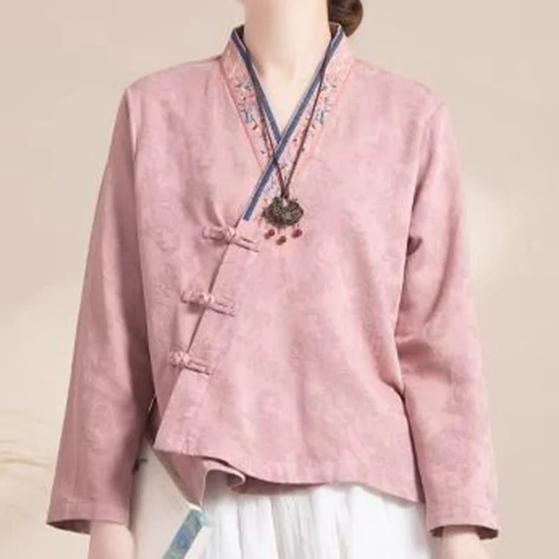 Buddha Stones Embroidered Flowers Grass Frog-Button Long Sleeve Cotton Women's Shirt