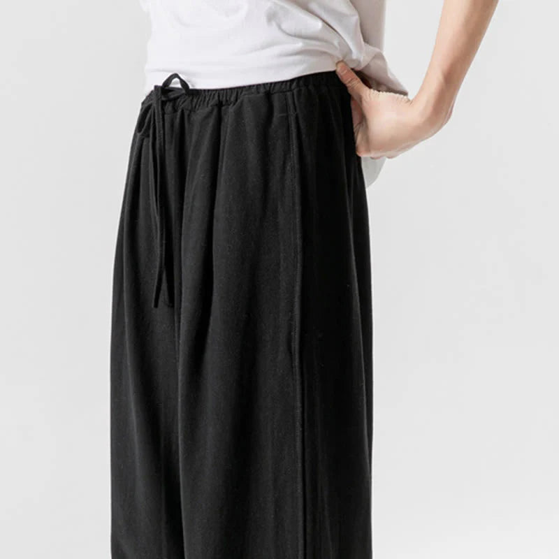 Buddha Stones Summer Plain Drawstring Design Linen Cotton Men's 7-8 Length Pants With Pockets