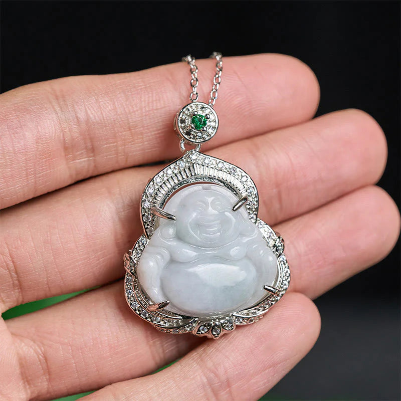 Buddha Stones Jade Laughing Buddha Abundance Necklace Pendant