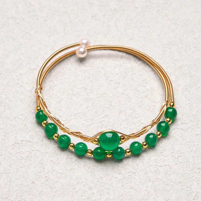 Buddha Stones 14K Gold Filled Copper Natural Green Agate Power Metal Cuff Bracelet Bangle