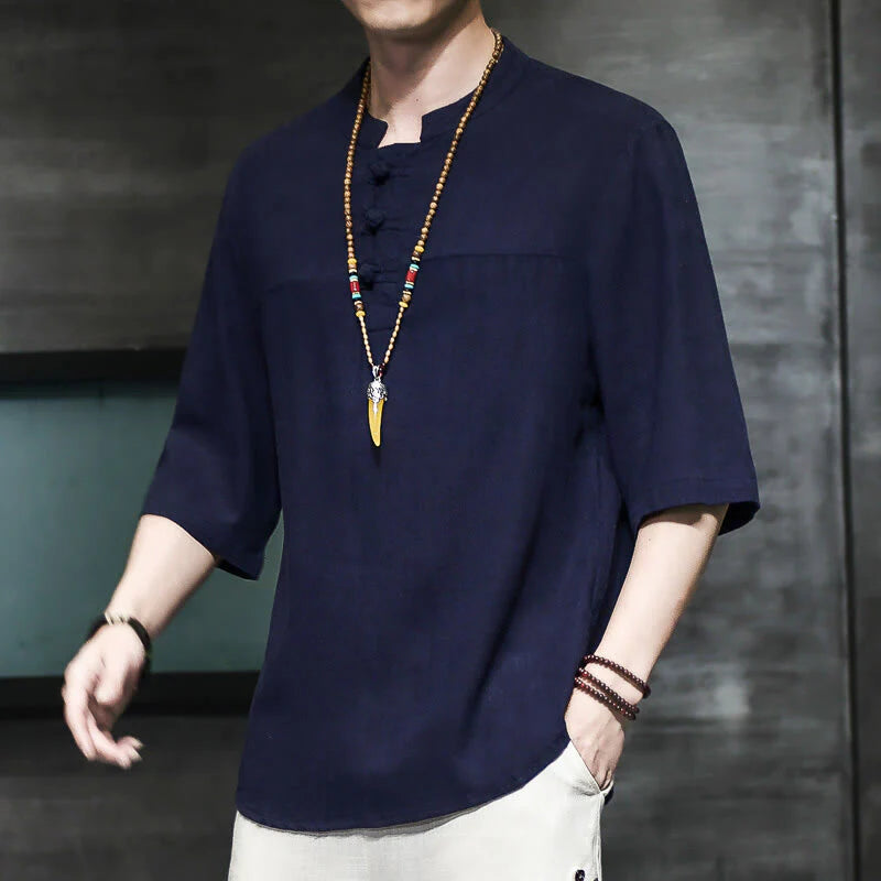 Buddha Stones Casual Vintage  Chinese Frog-Button Men's Half Sleeve Cotton Linen T-Shirt