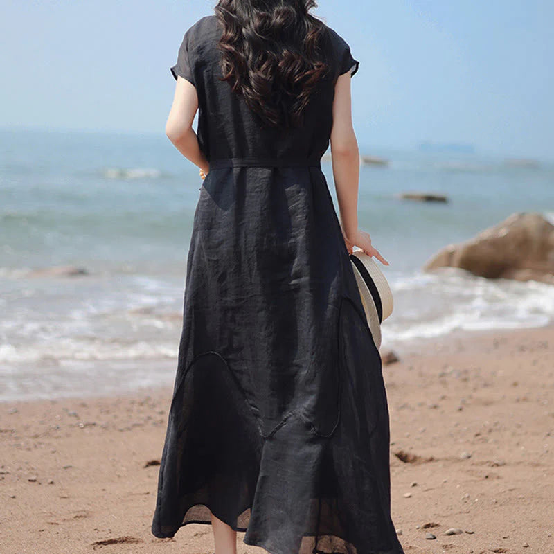 Buddha Stones Plain Irregular Hem Short Sleeve Cotton Linen Maxi Dress