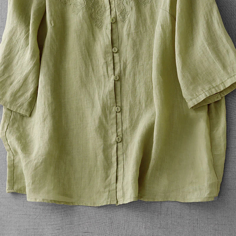 Buddha Stones Artistic Pure Color Embroidered Front Button Design Women's Cotton Half Sleeve Shirt Cardigan