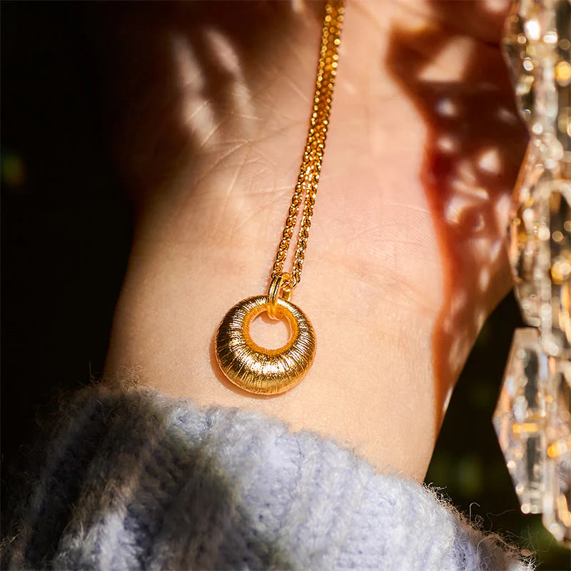 Buddha Stones 24k Gold Plated Copper Peace Buckle Texture Wealth Necklace Pendant