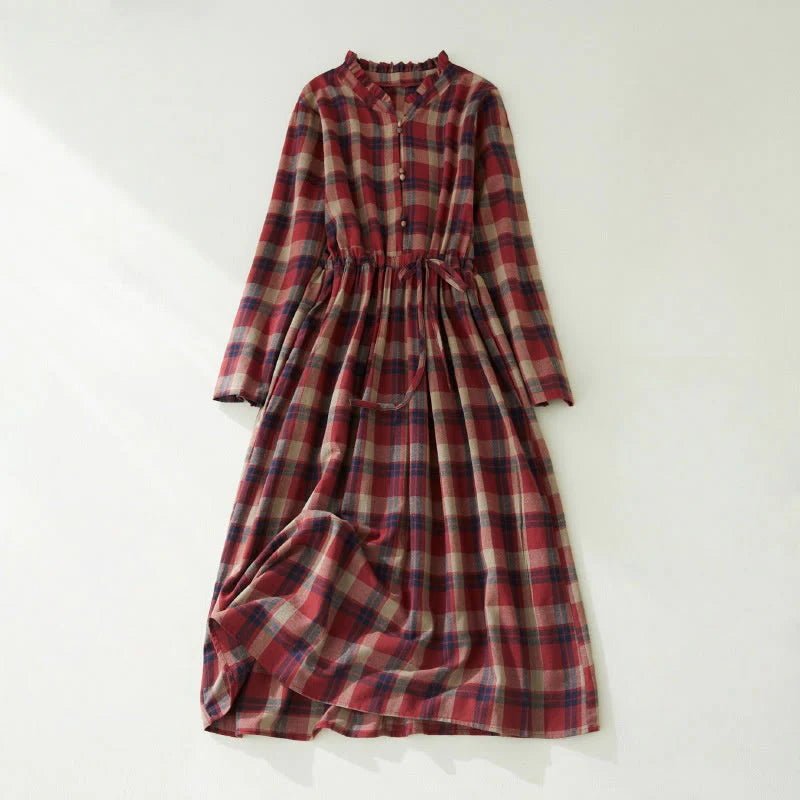 Buddha Stones Plaid Ruffled V-Neck Long Sleeve Drawstring Cotton Linen Midi Dress With Pockets