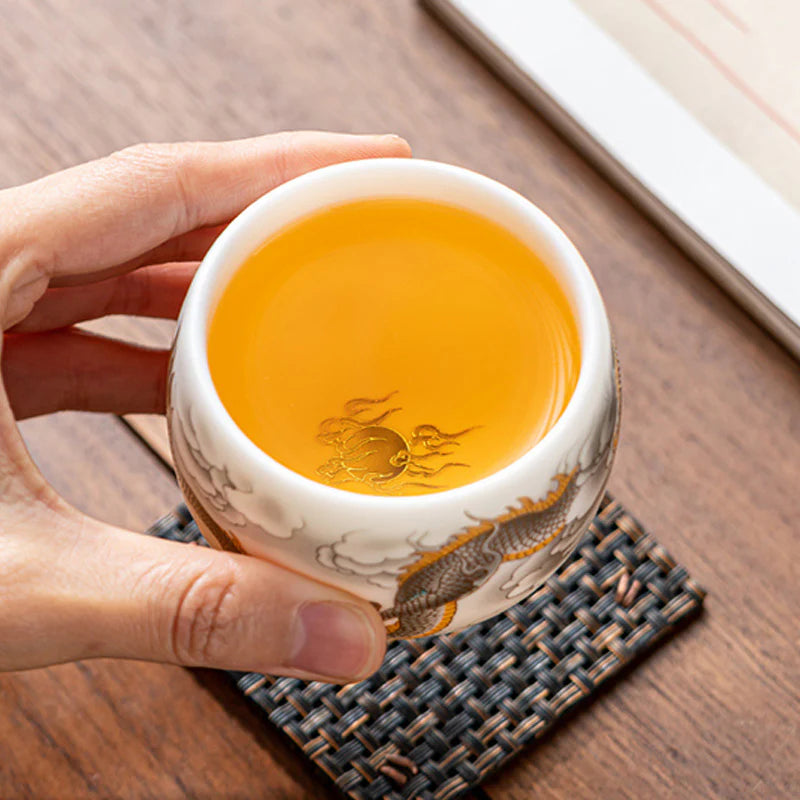 Buddha Stones Dragon Phoenix Auspicious Clouds Ceramic Teacup Kung Fu Tea Cup With Gift Box