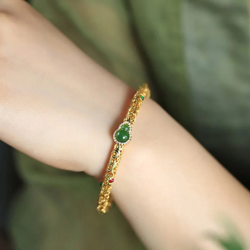 Buddha Stones Cyan Jade Copper Plated Gold Auspicious Clouds Gourd Luck Bracelet Bangle
