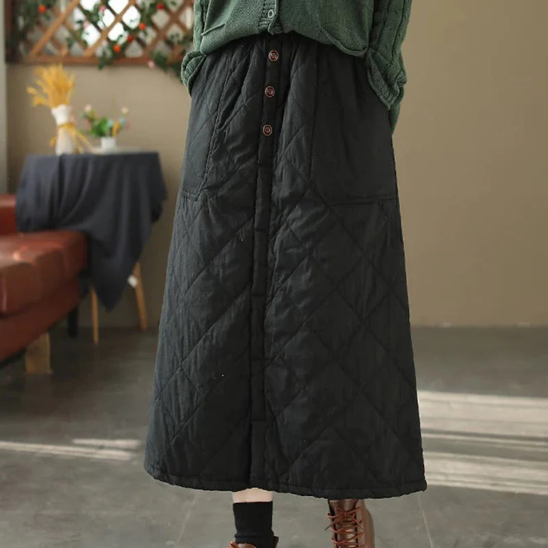 Buddha Stones Women's Plain Cotton Padded Thermal 7-8 Length Skirt With Pockets
