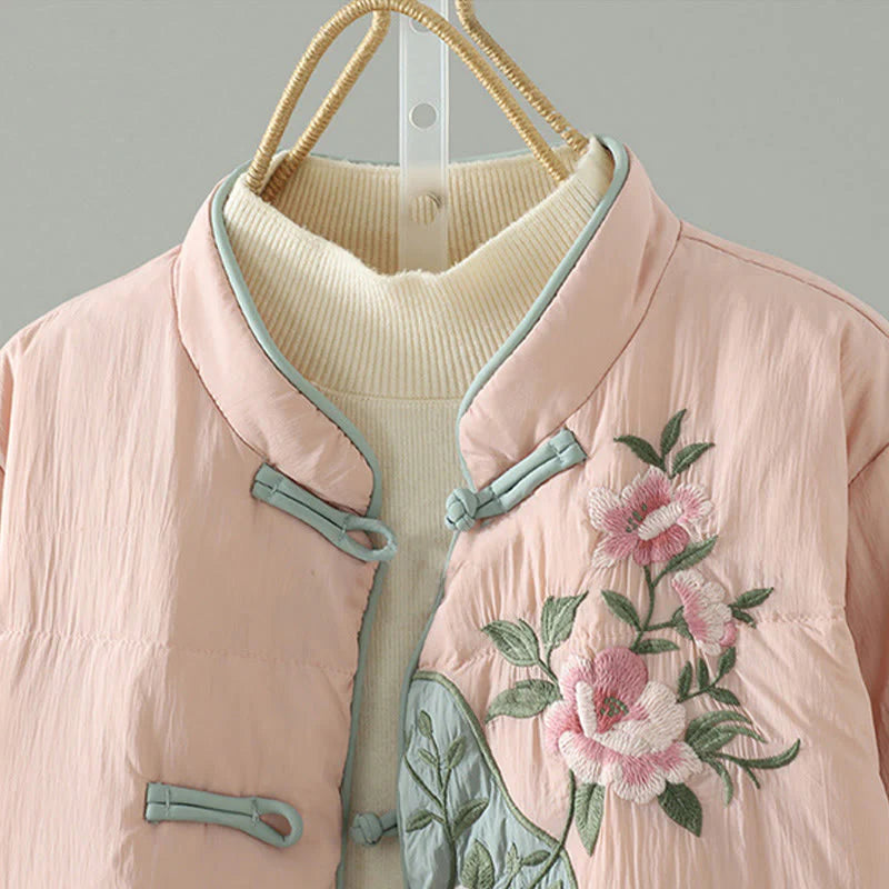 Buddha Stones Peach Blossom Embroidery Frog-Button Long Sleeve Thermal Women's Jacket With Pockets
