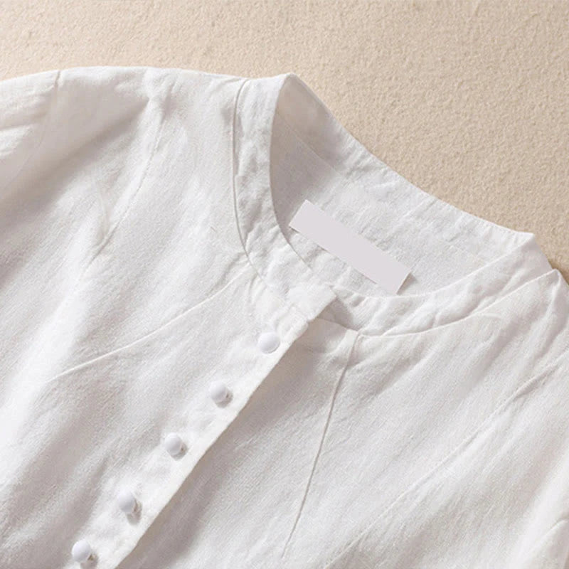 Buddha Stones Women's Cotton Linen Stand Collar Long Sleeve Shirt With Pockets