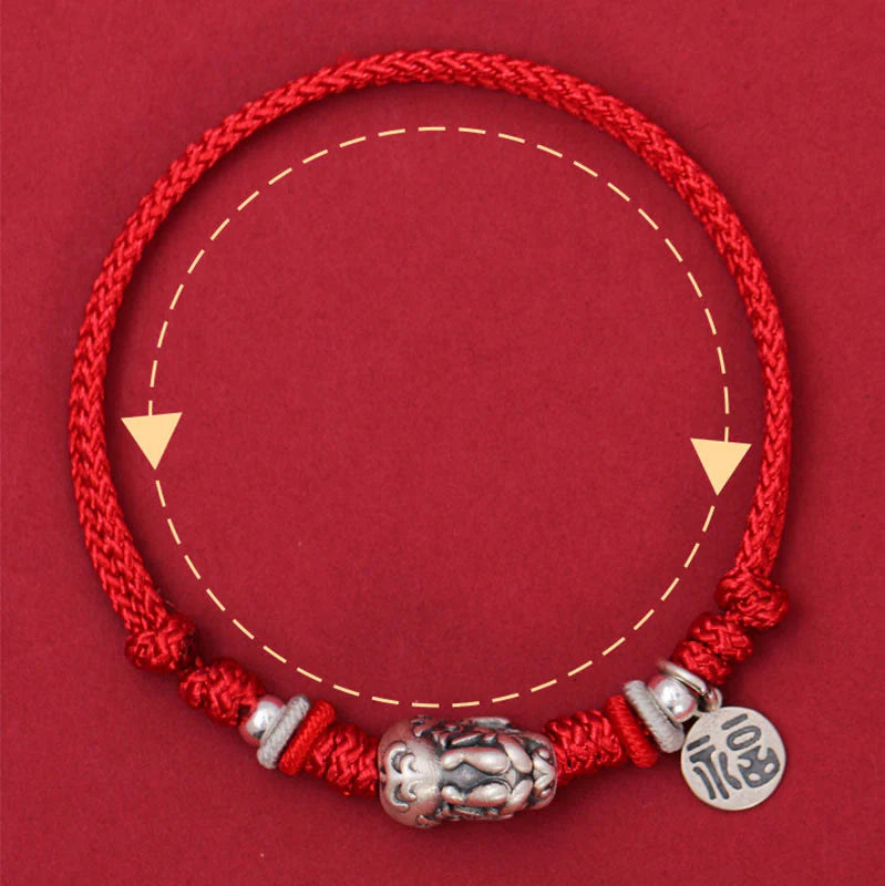 Buddha Stones 925 Sterling Silver PiXiu Fu Character Wealth Luck Handmade Braided Bracelet