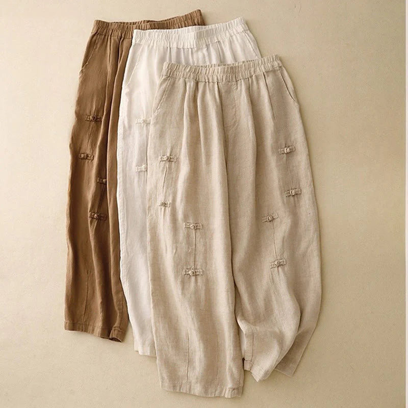 Buddha Stones Casual Plain Frog-Button Design 7-8 Length Cotton Linen Women's Harem Pants With Pockets