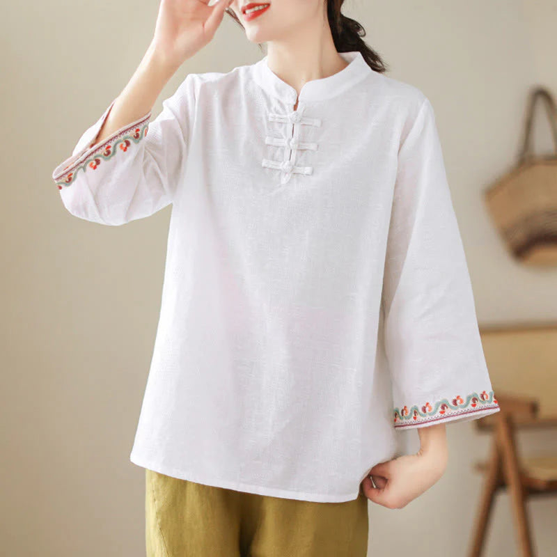 Buddha Stones Jacquard Frog-button Stand Collar Embroidered Three Quarter Sleeve Design Women's Cotton Shirt