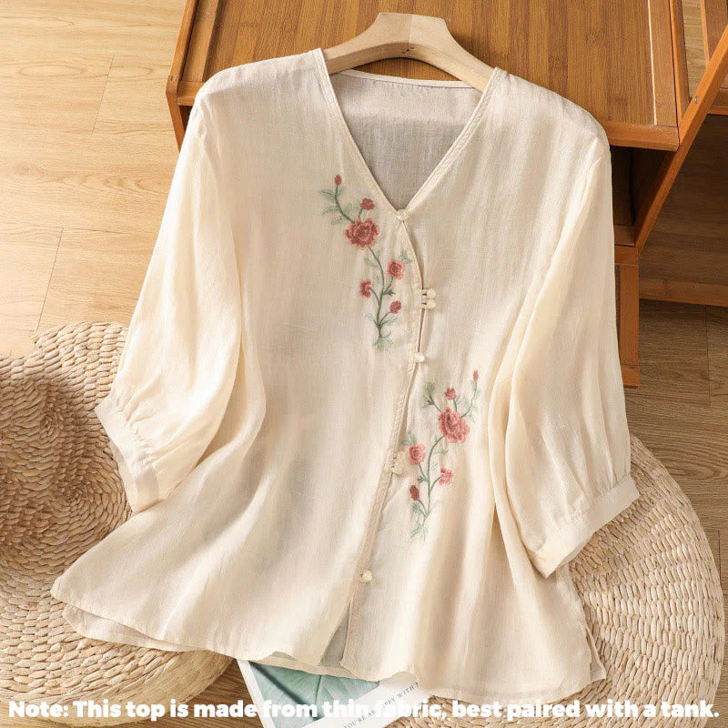 Buddha Stones Embroidered Flowers Cotton Women's V-neck Shirt