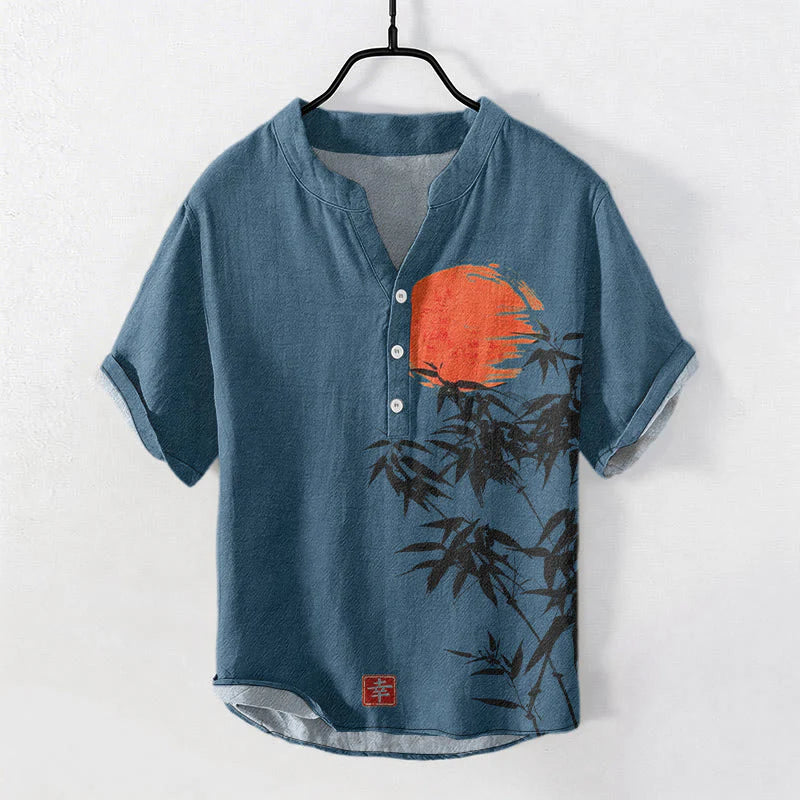 Buddha Stones Cotton Simple Red Sun Bamboo Pattern Men's Short Sleeve Half Button Shirt