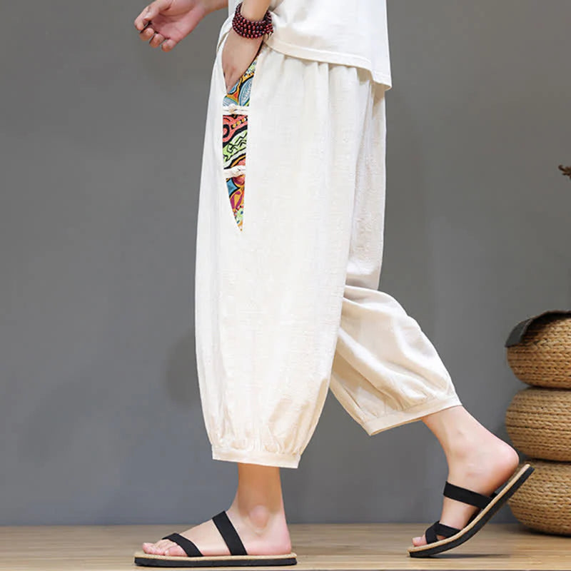 Buddha Stones Summer Tribal Side Stripe Drawstring Waist Men's Capri Tapered Pants With Pockets