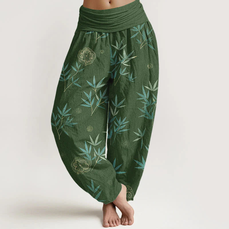 Buddha Stones Cotton Bamboo Geometric Flowers Pattern Women's Elastic Waist Harem Pants