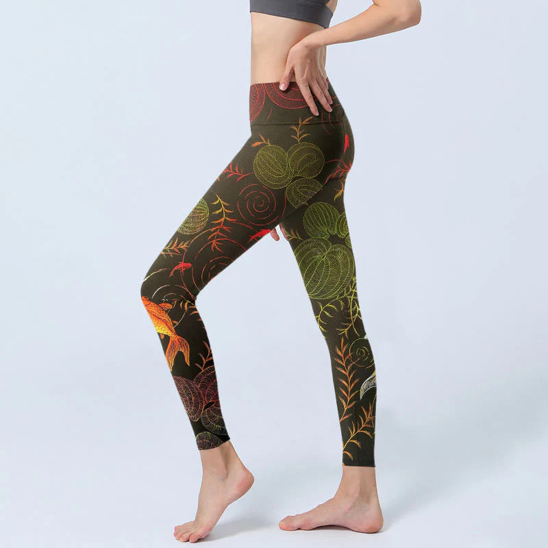 Buddha Stones Colorful Koi Fish Water Ripples Plant Pattern Print Gym Leggings Women's Yoga Pants