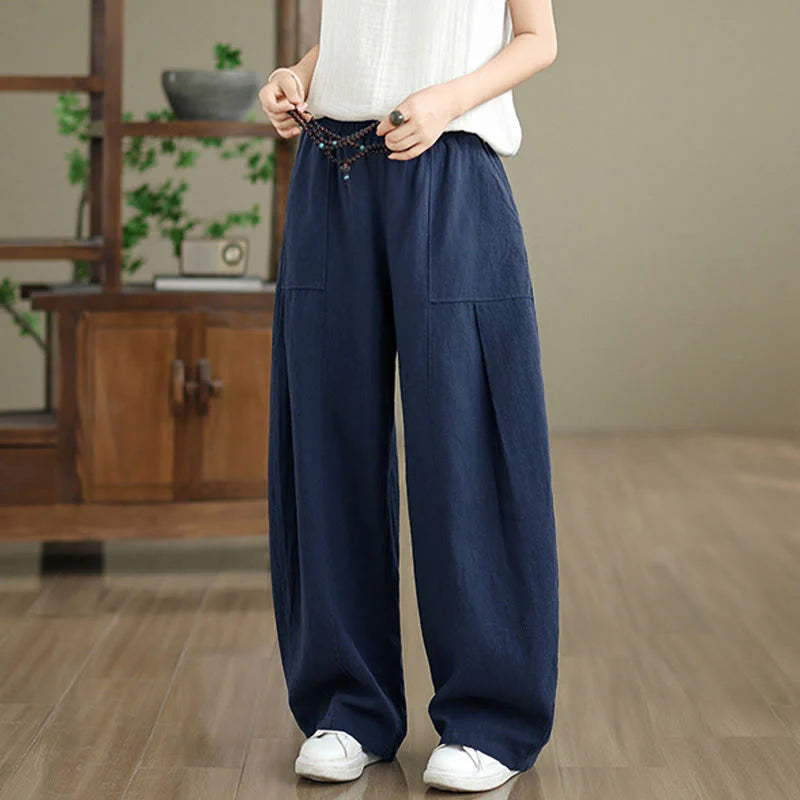 Buddha Stones Solid Color Cotton Linen Women's Straight Leg Pants With Pockets