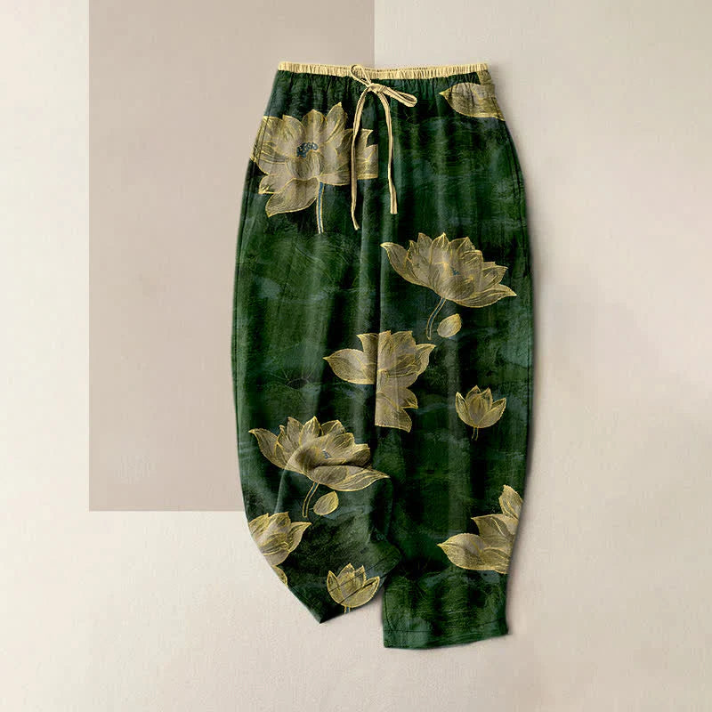 Buddha Stones Lotus Pattern Pure Cotton Elastic Waist Women's Pants With Pockets
