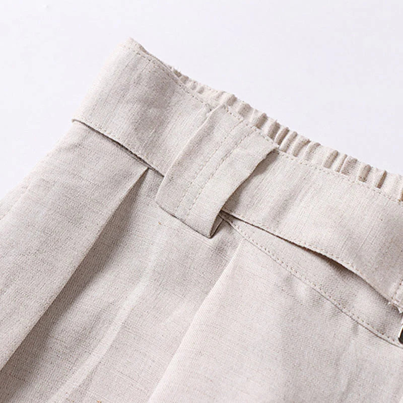Buddha Stones Summer Zipper Elastic Waist Design Men's Cotton Linen Wide Leg Pants With Pockets