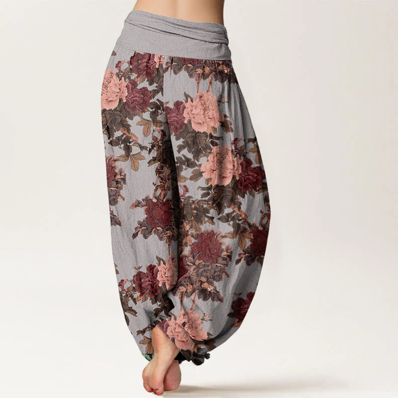 Buddha Stones Cotton Casual Lush Peony Flowers Leaf Pattern Women's Elastic Waist Harem Pants