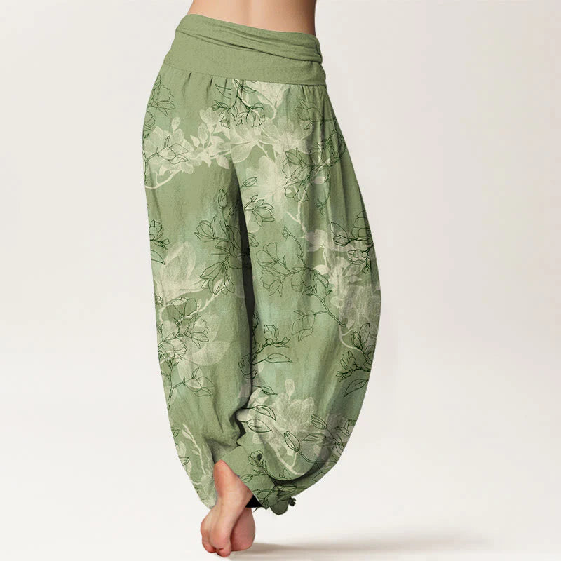 Buddha Stones Cotton Fresh Flower Bud Pattern Women's Elastic Waist Harem Pants