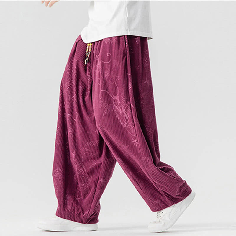 Buddha Stones Winter Dragon Phoenix Pattern Cotton Corduroy Men's Harem Pants With Pockets