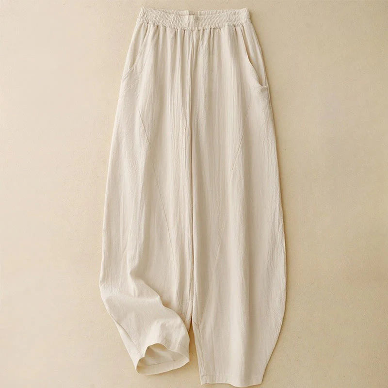 Buddha Stones Daily Plain Elastic Waistband Cotton Linen Women's Pants With Pockets