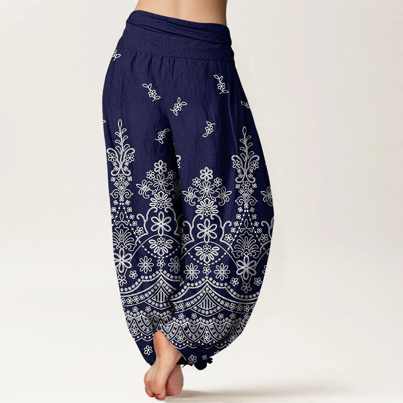 Buddha Stones Cotton Mandala White Flower Pattern Women's Elastic Waist Harem Pants