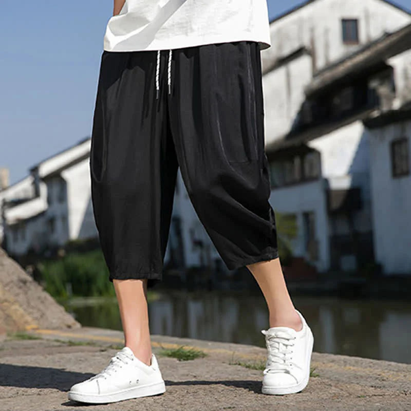 Buddha Stones Summer Elastic Waist Drawstring Solid Color Half Men's Tapered Pants With Pockets
