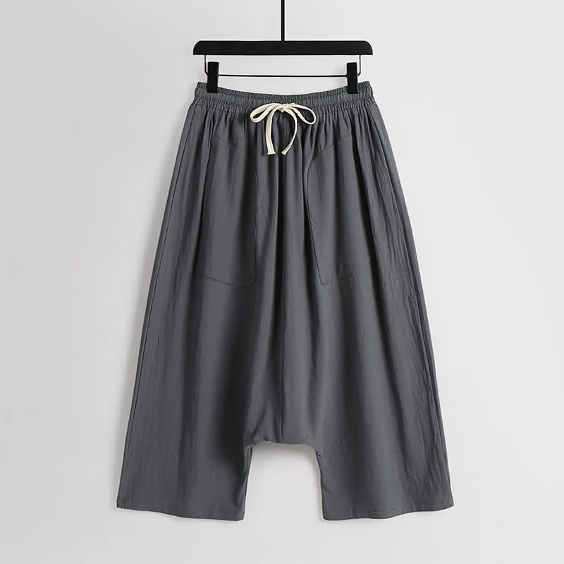 Buddha Stones Plain Drop Crotch Design Cotton Linen Men's Harem 7-8 Length Pants