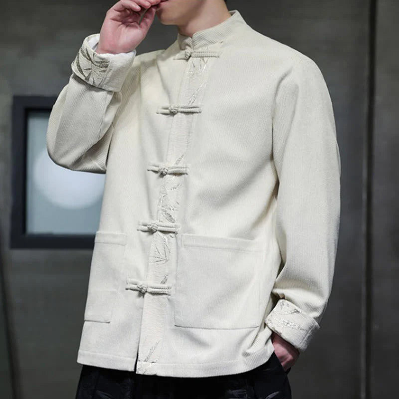 Buddha Stones Fall Bamboo Frog-Button Long Sleeve Men's Corduroy Cotton Jacket With Pockets