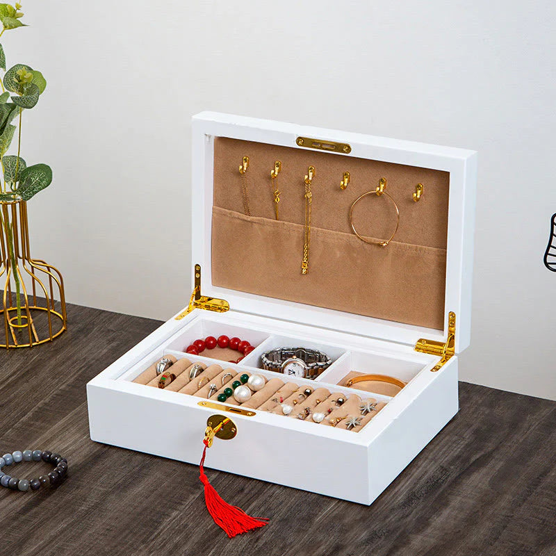 Buddha Stones Vintage Wooden Jewelry Box Two-Layer Solid Wood Jewelry Storage Box