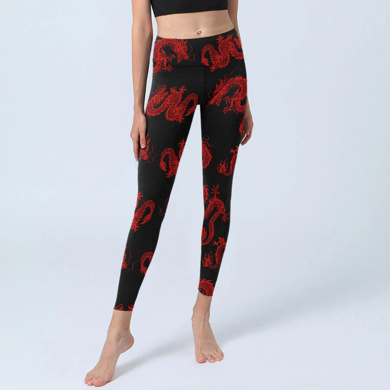 Buddha Stones Red Dragon Pattern Gym Leggings Women's Yoga Pants