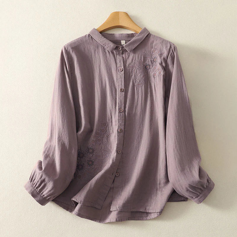 Buddha Stones Embroidered Flower Vine Pattern Long Sleeve Women's Lapel Shirt