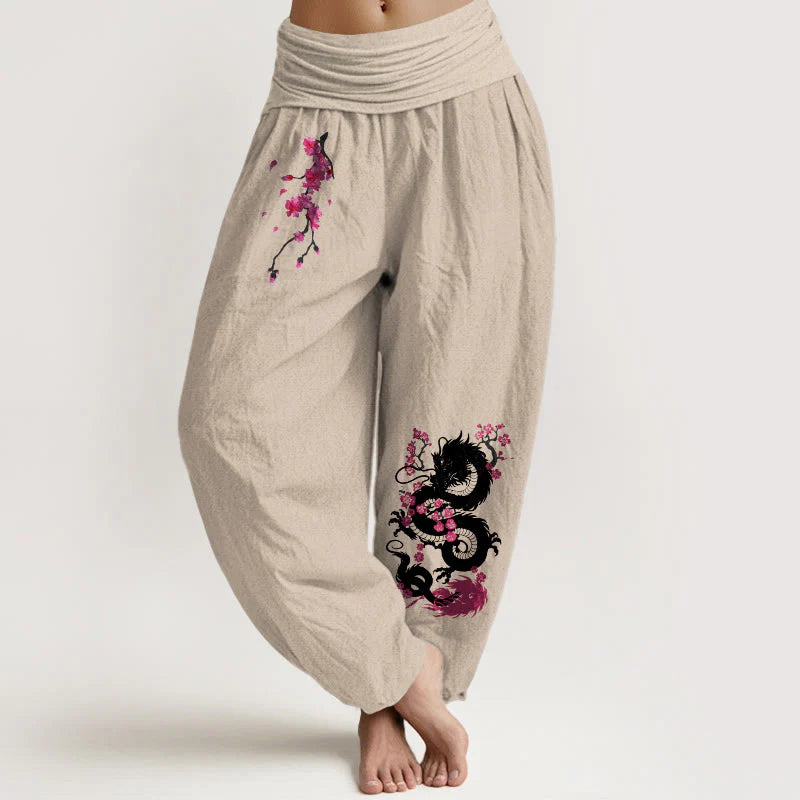 Buddha Stones Dragon Cherry Blossoms Pattern Women's Elastic Waist Harem Cotton Pants