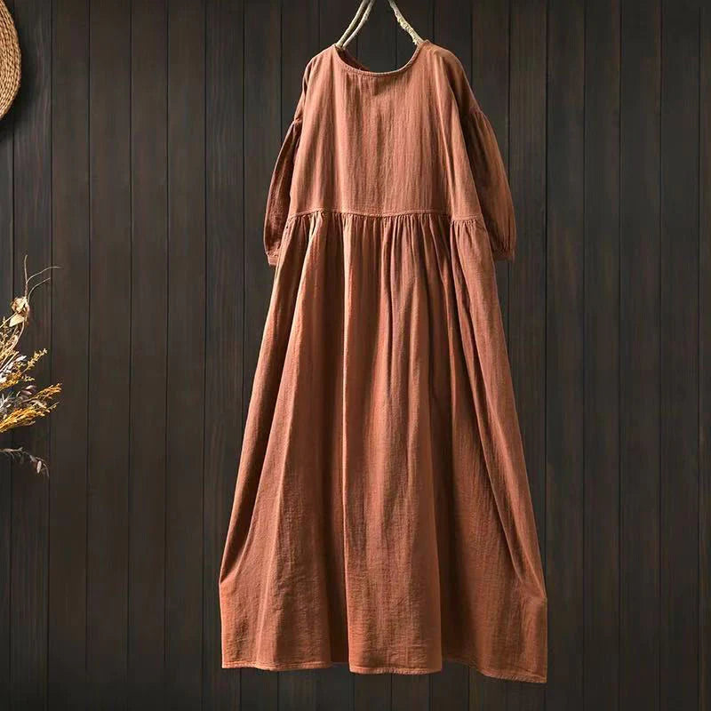Buddha Stones Summer Solid Color Crew Neck Half Sleeve Cotton Midi Dress With Pockets