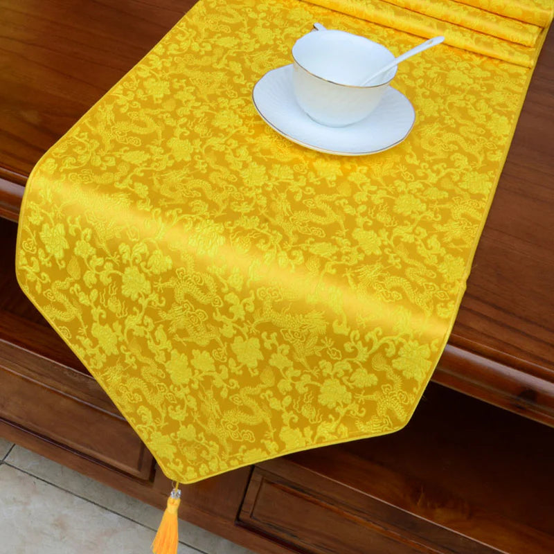 Buddha Stones Prayer Altar Flower Vajra Dragon Pattern Tibetan Auspicious Symbols Tassels Jacquard Table Runner