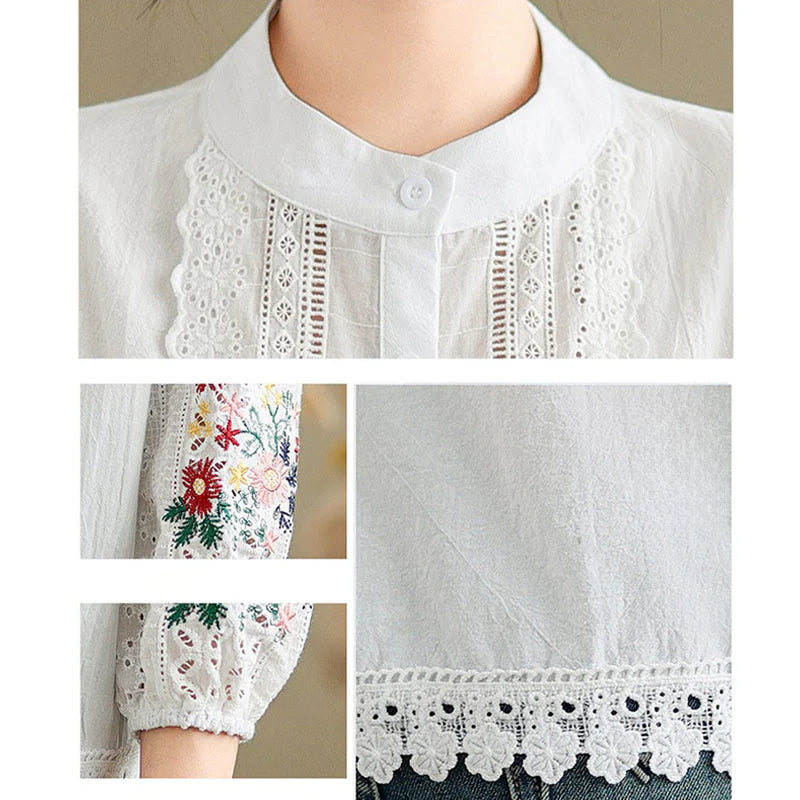 Buddha Stones Fall Lace Embroidery Flower Leaf Pattern Stand Collar Buttons Women's Long Sleeve Shirt