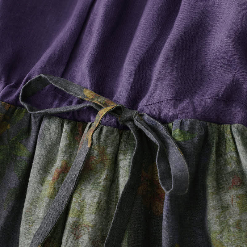 Buddha Stones Summer V Neck Drawstring Waist Floral Short Sleeve Below Knee Dress With Pockets