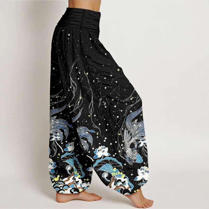 Buddha Stones Cotton Starry Sky Koi Fish Lotus Waves Pattern Women's Elastic Waist Harem Pants