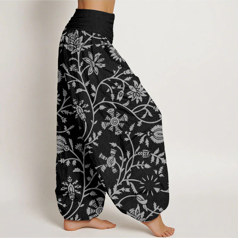 Buddha Stones Cotton Casual Floral Branches Flowing Vines Pattern Women's Elastic Waist Harem Pants